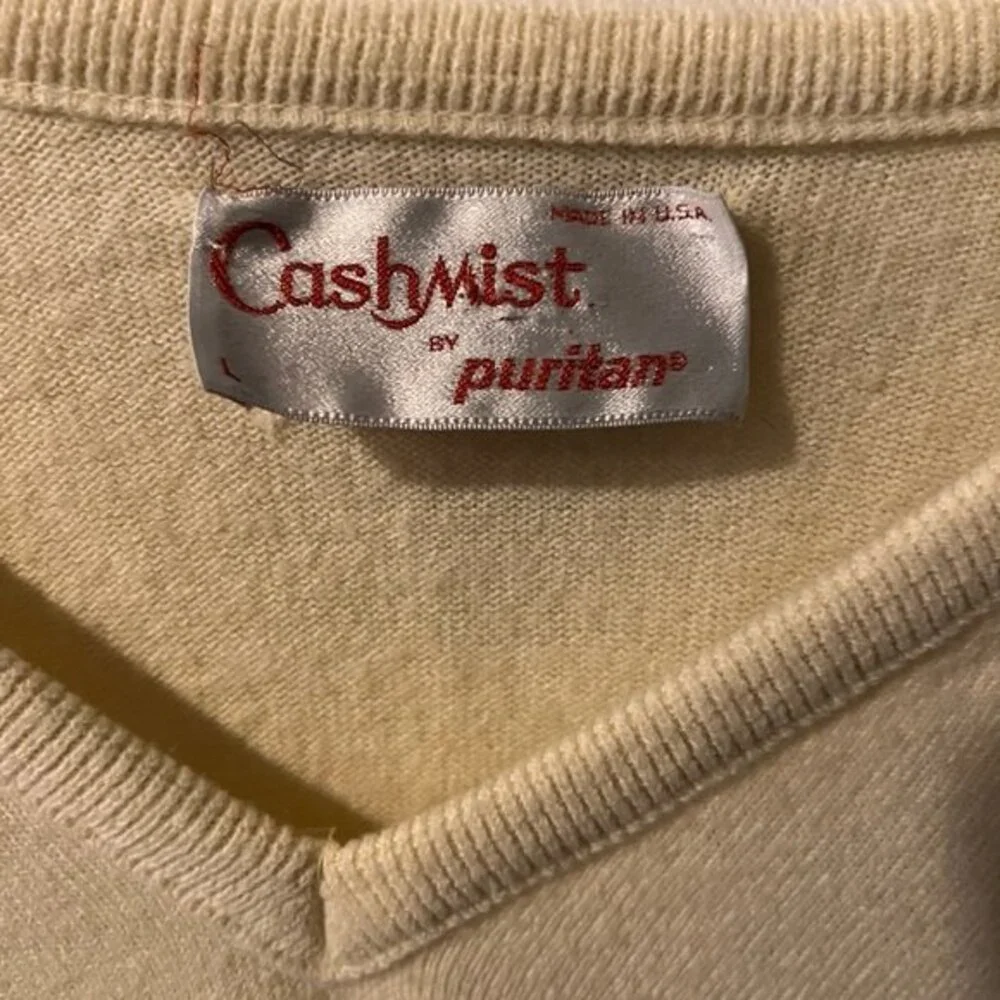 Vtg Puritan Cashmist V-Neck Sweater Mens L Ivory Preppy Ivy pullover Knit USA